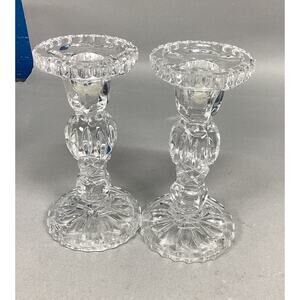 Set Of 2 Elegant Cut Glass Candle Holders - 6”H